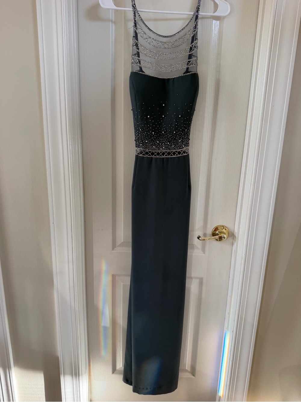 Avanti Dark Grey Evening Gown with Silver Beaded Bodice